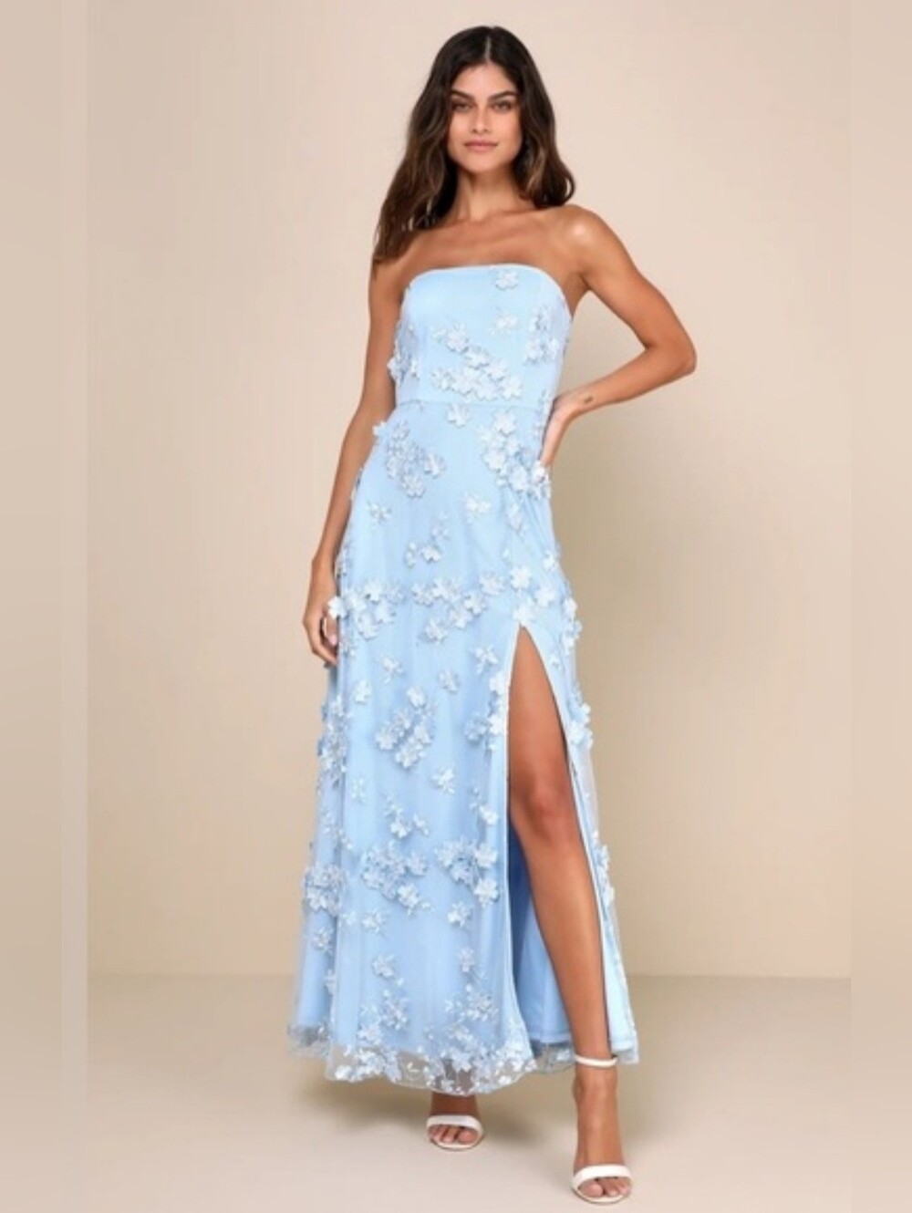 Lulu's Strapless Sky Blue 3D Floral Embroidered Maxi Dress with Side Slit Sz XXS
